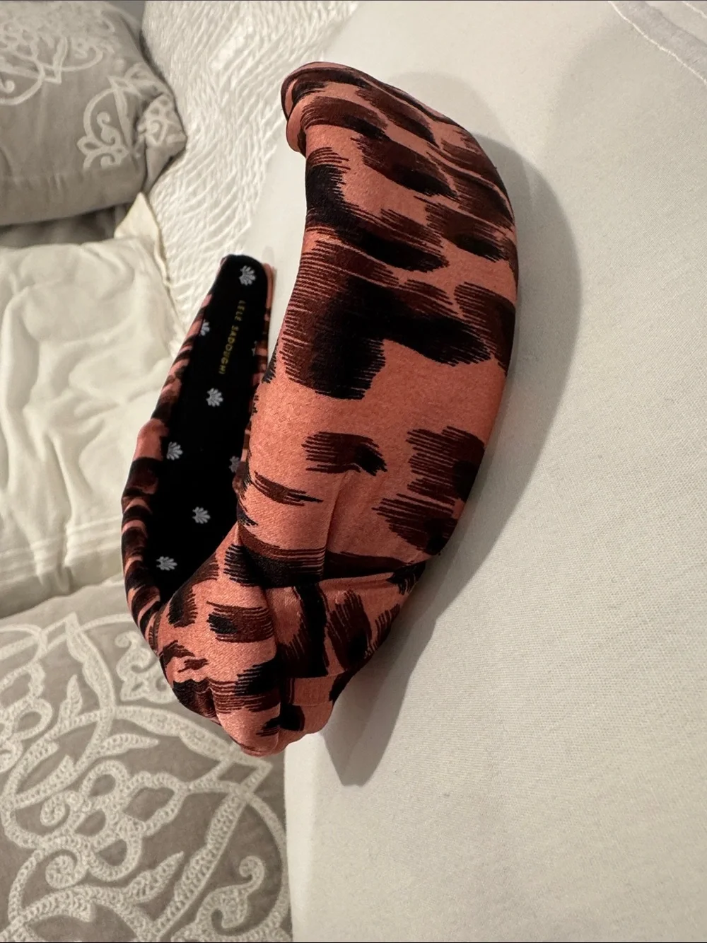 Lele Sadoughi Pink and Black Printed Padded Headband with dust bag